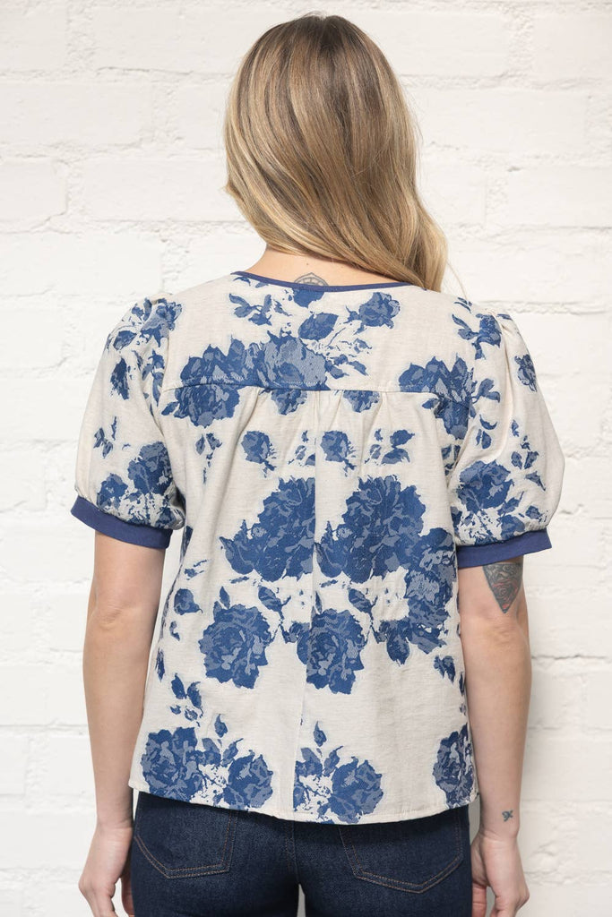Blue Floral Jacquard Short Sleeve Top