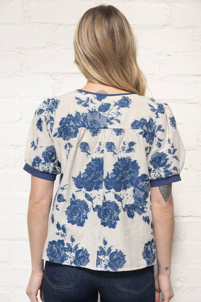 Blue Floral Jacquard Short Sleeve Top