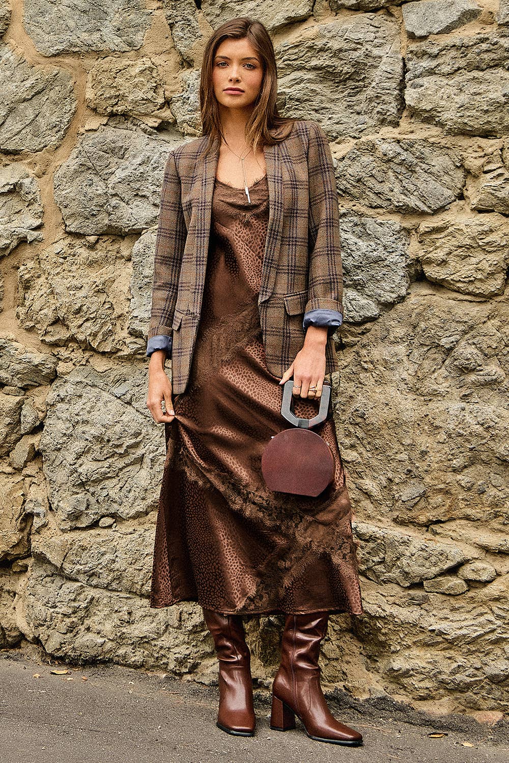 Brown Leopard Textured Satin Midi Slip Dress