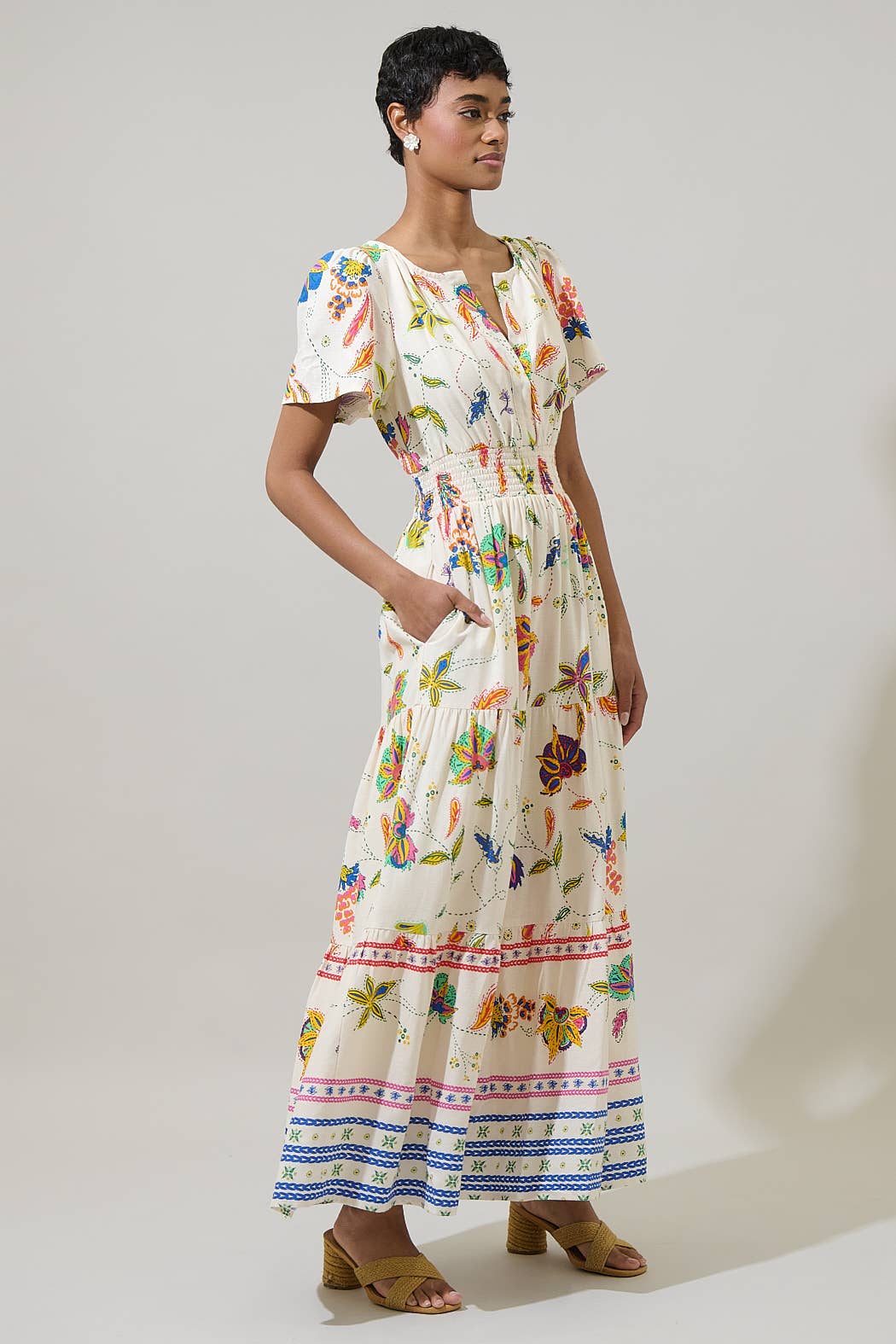 Floral Print Linen Smocked Maxi Dress