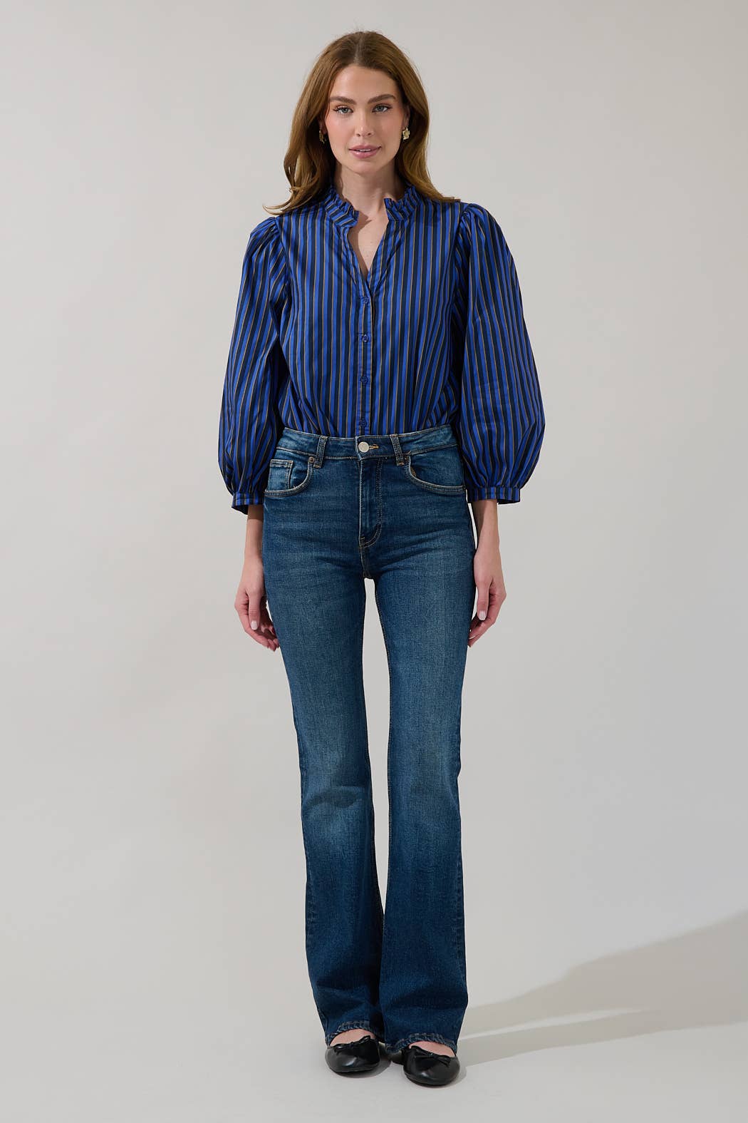 Navy Brown Striped Ruffle Button-Up Blouse