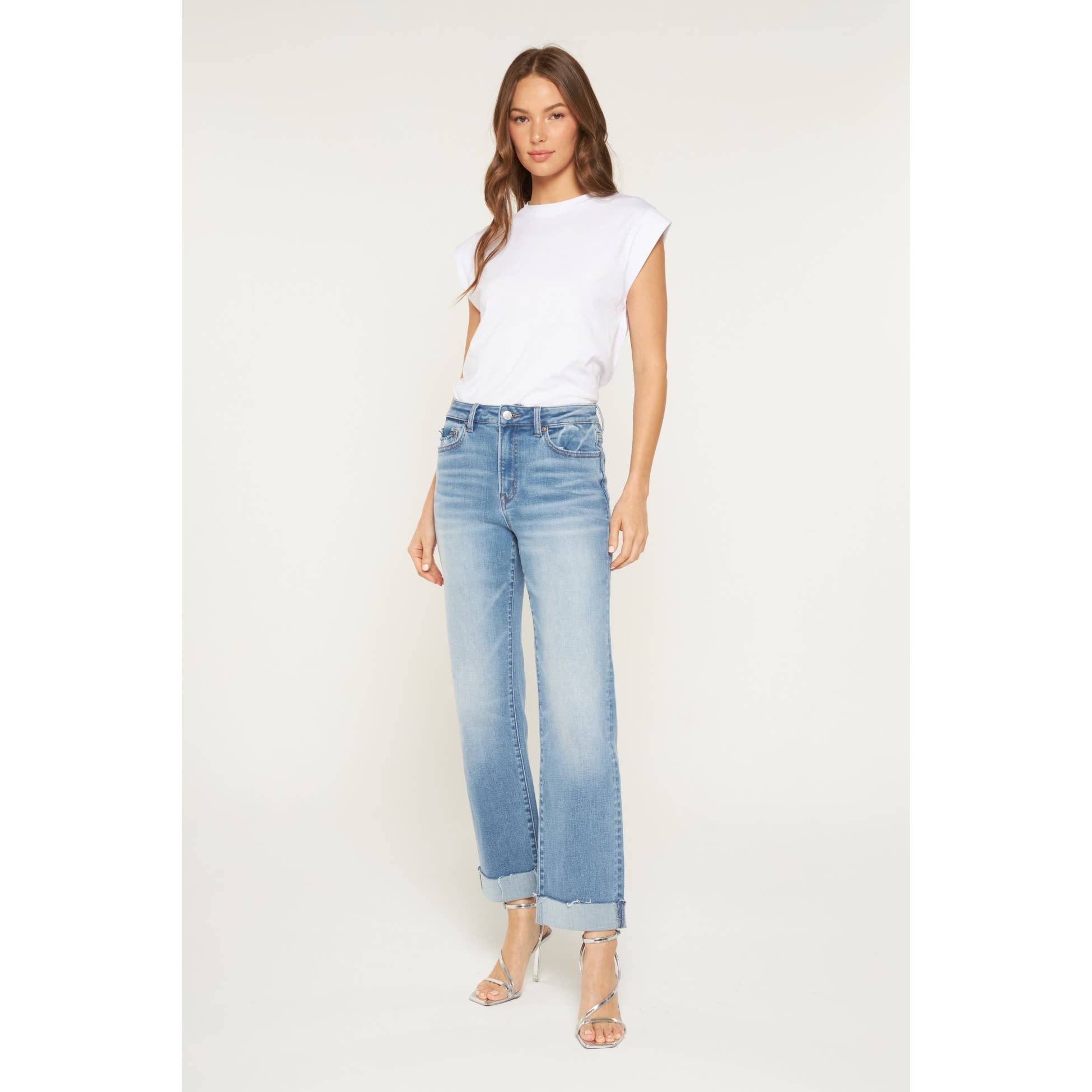 High Rise Straight Leg Jean with Cuffed Hem