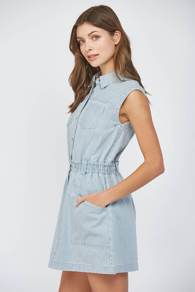 Patch Pocket Stripe Washed Denim Dress