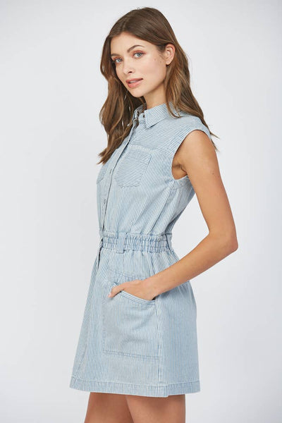 Patch Pocket Stripe Washed Denim Dress