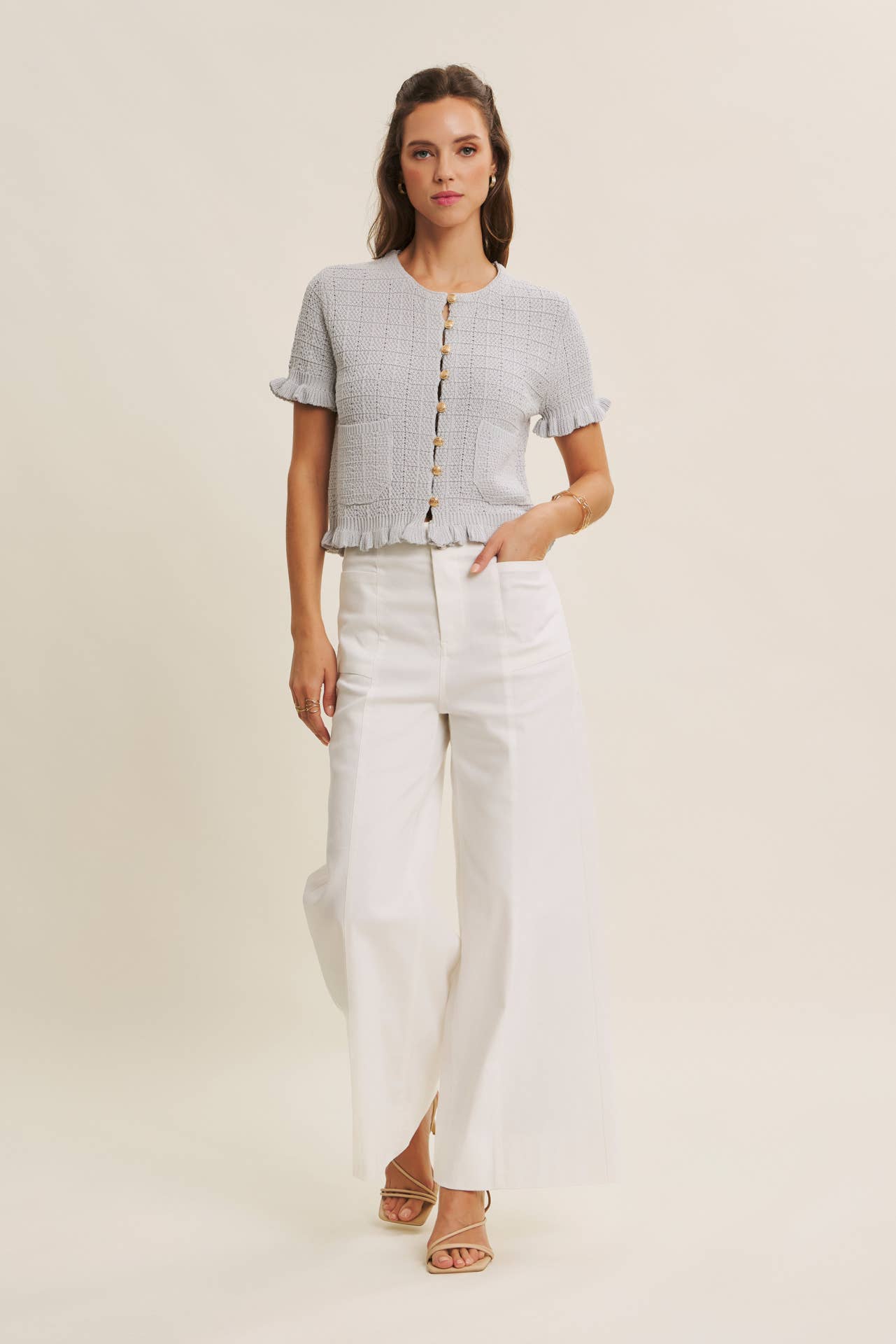 Off White Stretchy Wide Leg Ankle Length Pants