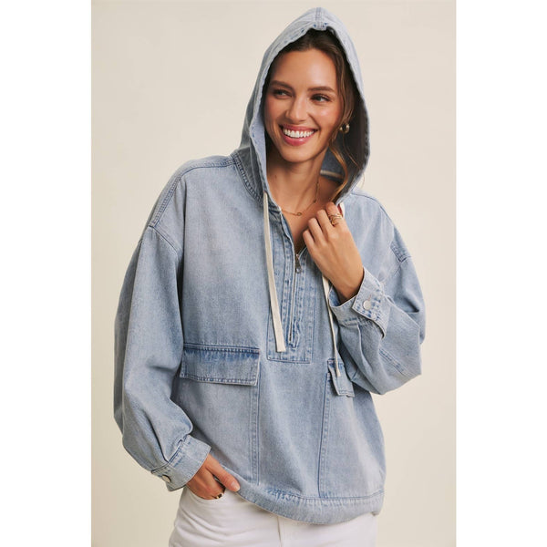 Light Mineral Washed Denim Hooded Pullover Jacket