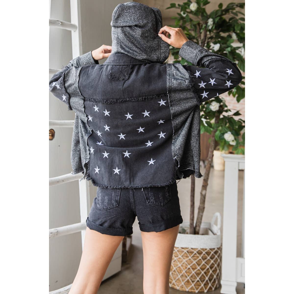 Star Embroidered Hoodie Denim Jacket