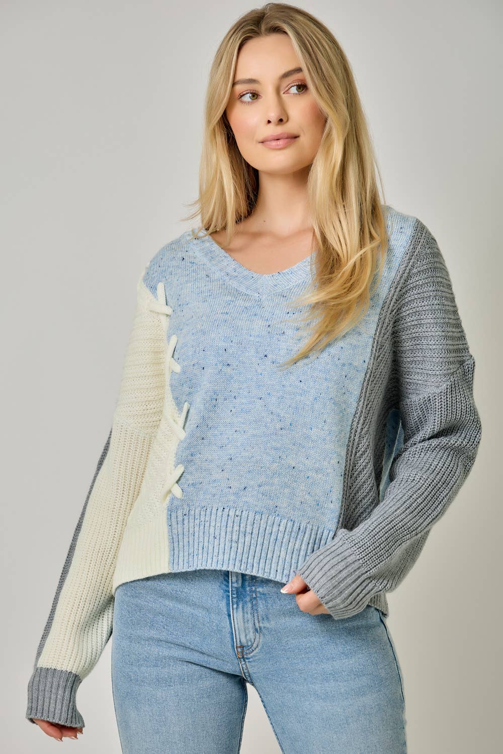 Oatmeal Color Block V-Neck Sweater