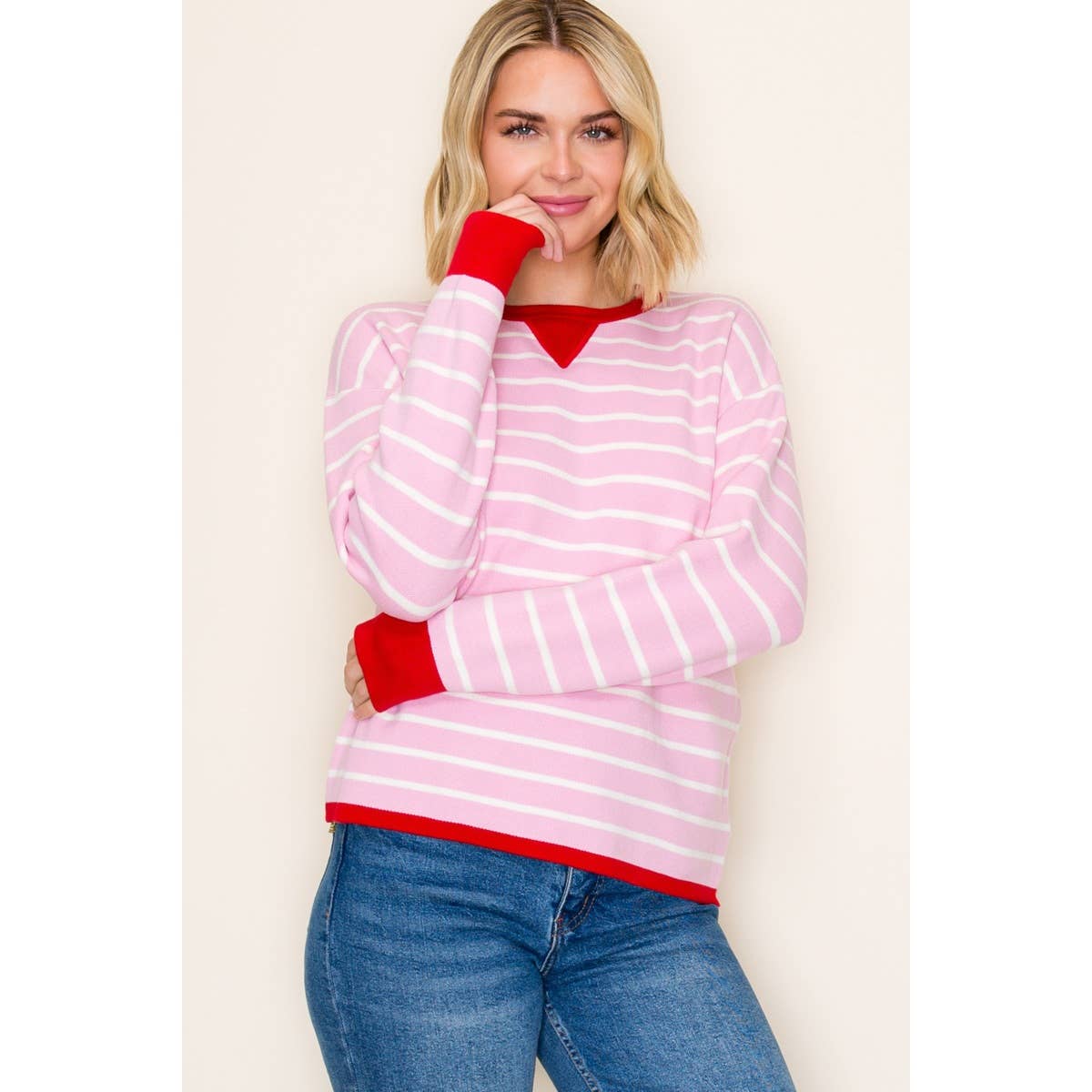 Pink White Color Contrast Striped Sweater
