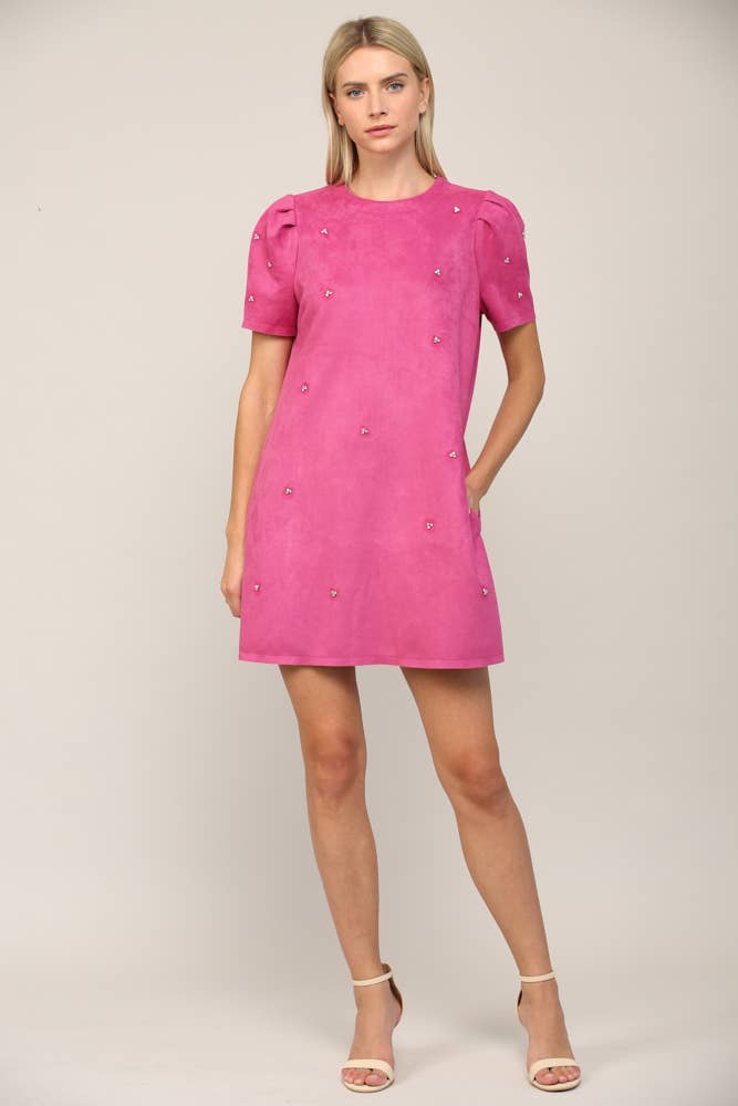 Bubblegum Pink Jewel Embellished Puff Sleeve Shift Dress at Maria Vincent Boutique Bubblegum Pink Jewel Embellished Puff Sleeve Shift Dress at Maria Vincent Boutique