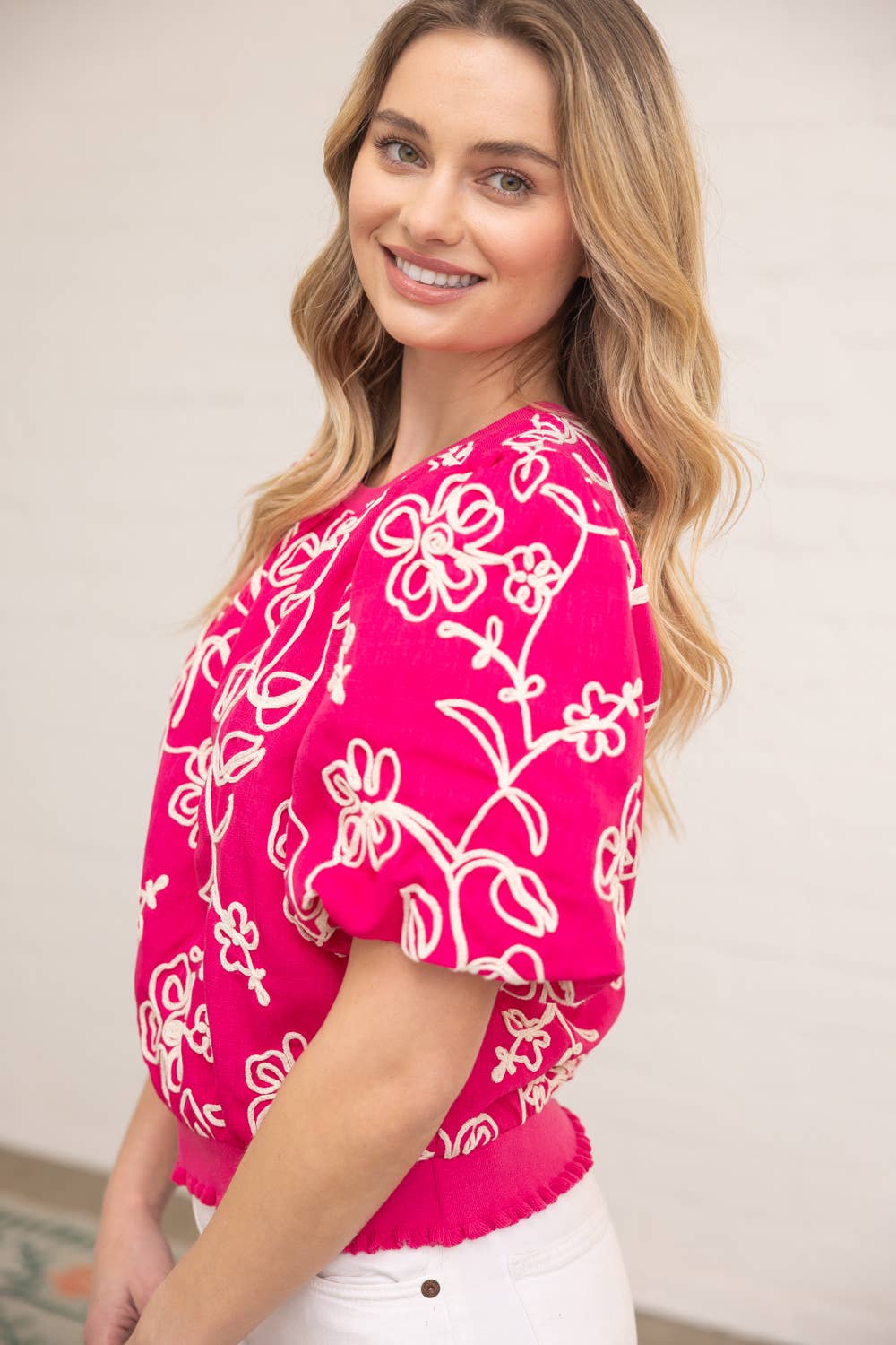 Floral Embroidered Bubble Sleeve Top