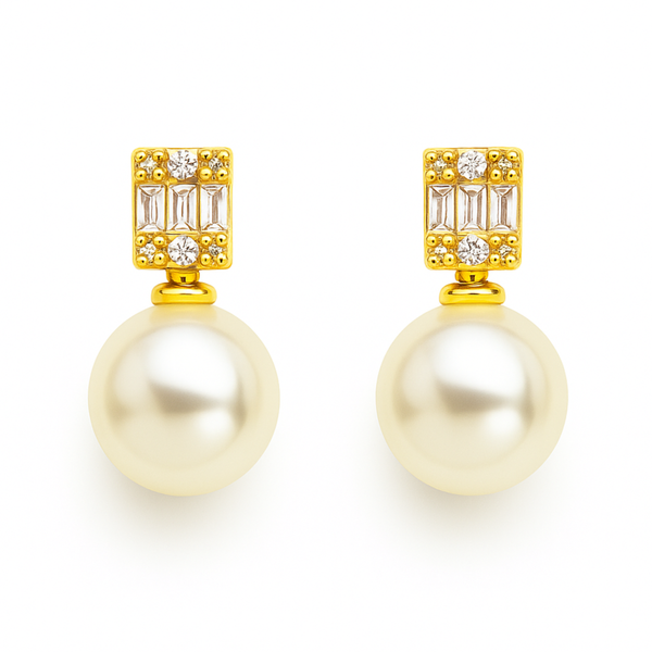 Pearl And Baguette CZ Stud Earrings