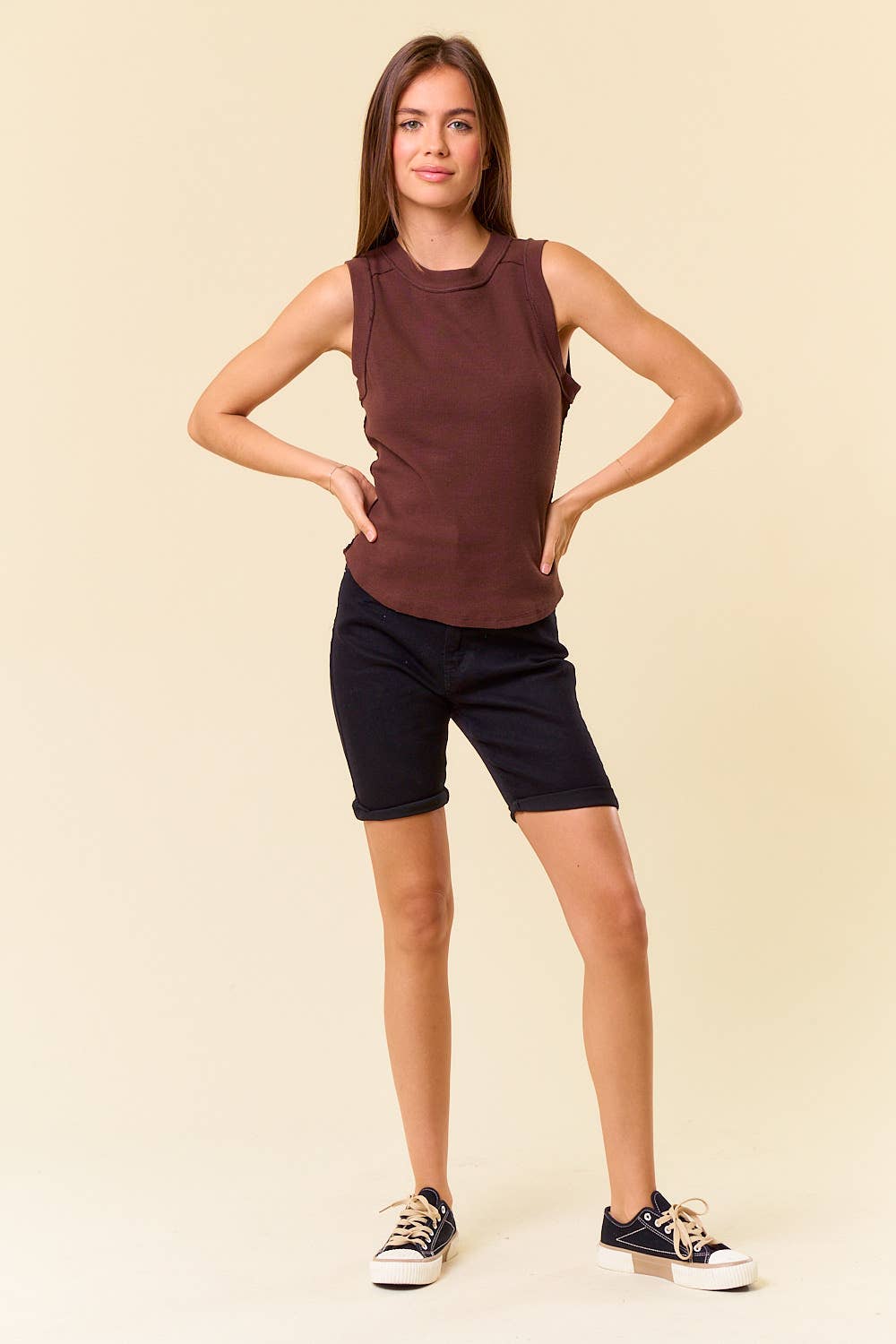 Cotton Ribbed Exposed Seam Tank with Round Hem