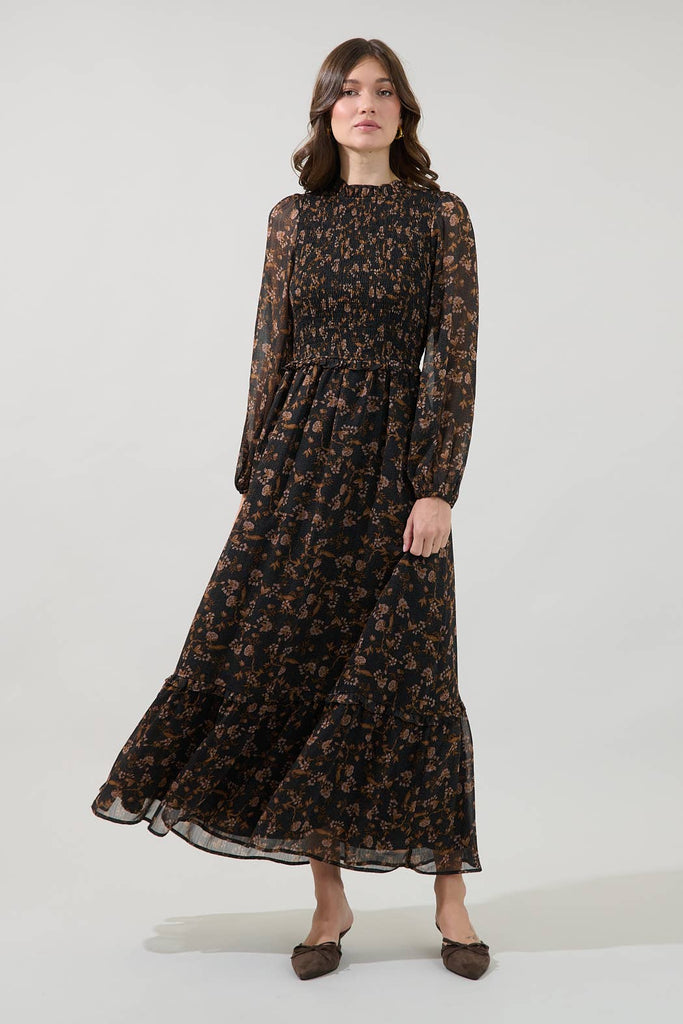 Smocked Long Sleeve Maxi Dress in Celine Floral