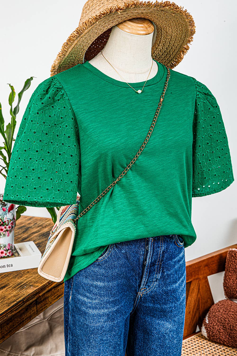 Green Eyelet Puff Sleeve Top