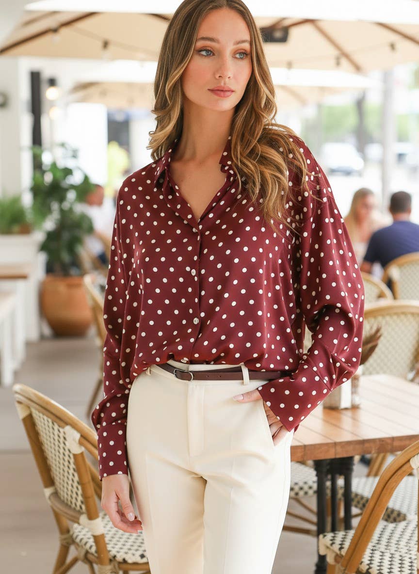 Polka Dot Long Sleeve Satin Top