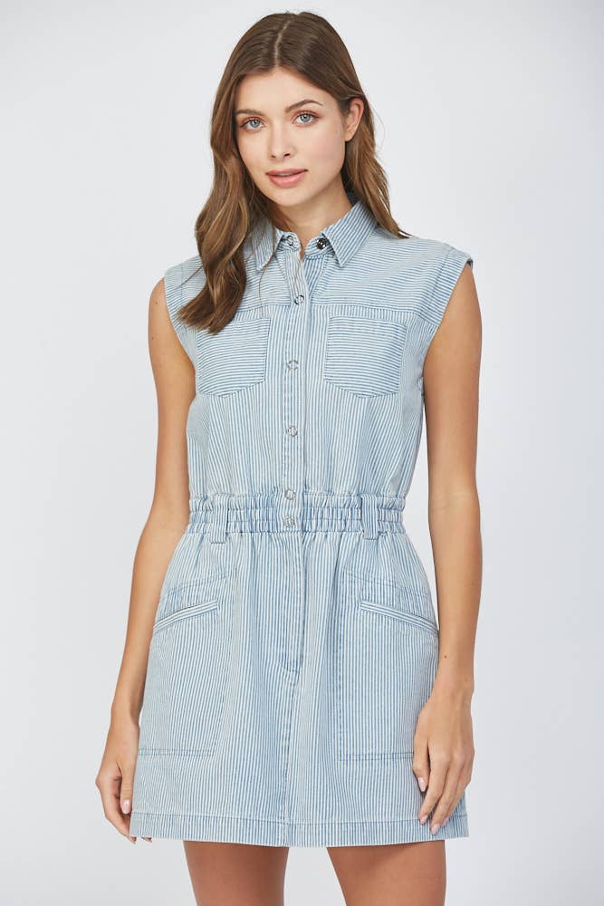 Patch Pocket Stripe Washed Denim Dress