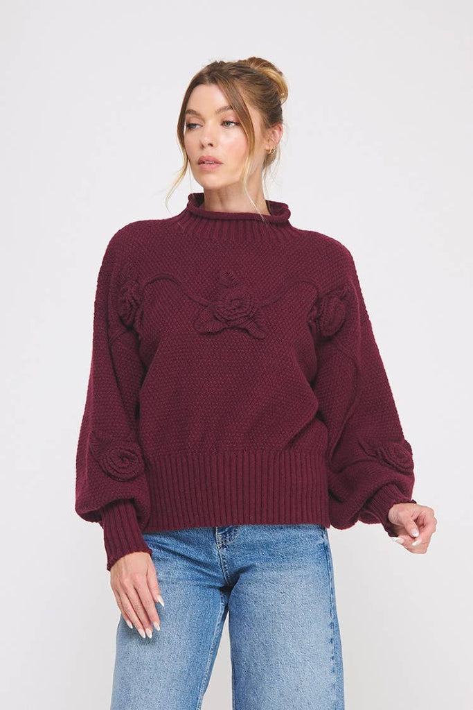 Burgundy Floral Embroidered Sweater