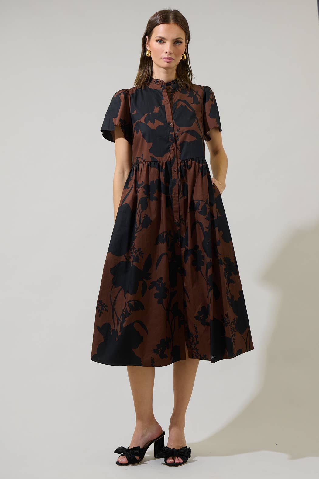Black and Brown Floral Babydoll Midi Dress