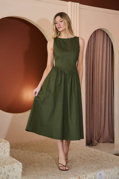 Olive Sleeveless Boat Neck Midi Dress with Pockets