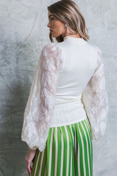 Flying Tomato Cream Sweater Top with Sheer Sleeves