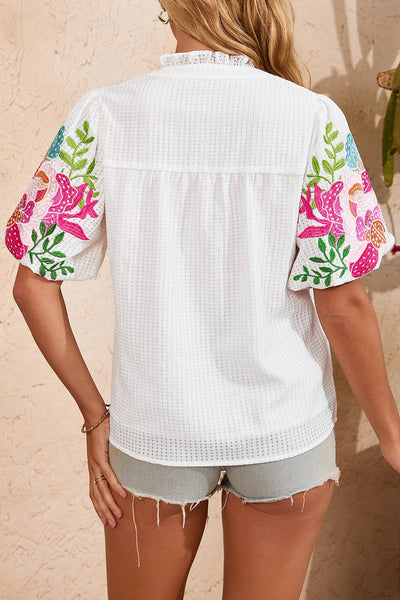 White Floral Embroidered Puff Sleeve Blouse