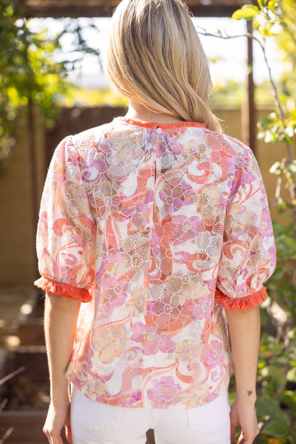 Coral Floral Embroidery Printed Lace with Fringe Top