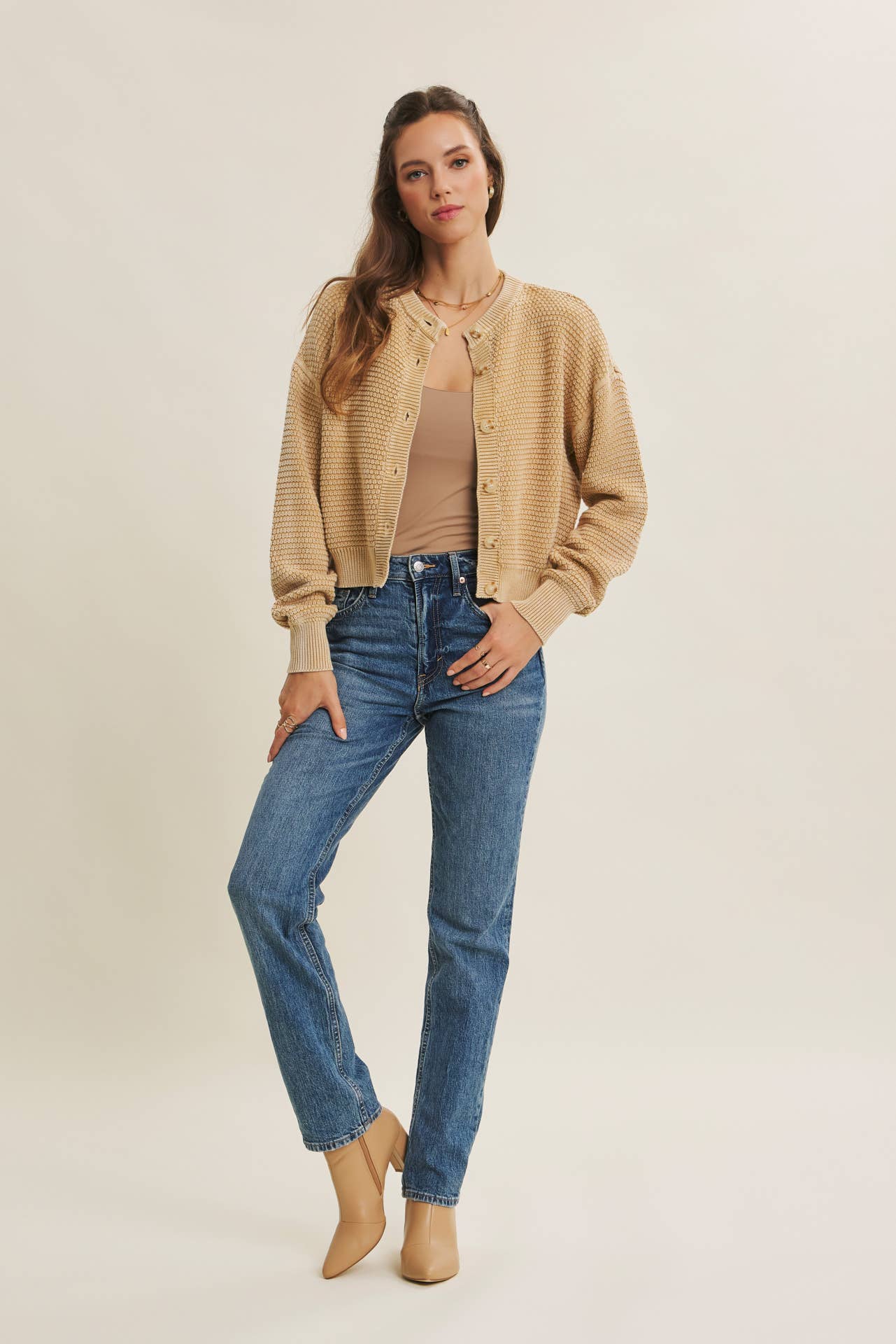 Tan MIneral Washed Cardigan Sweater