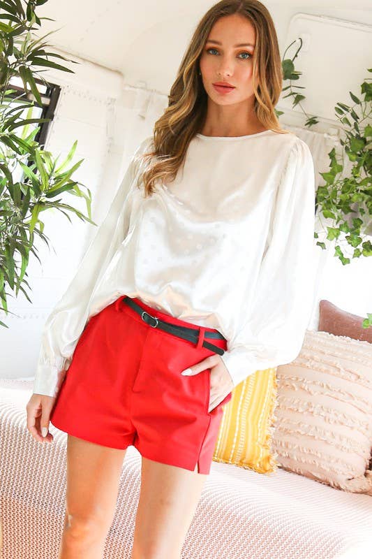 Puff Sleeve Dot Print Satin Blouse