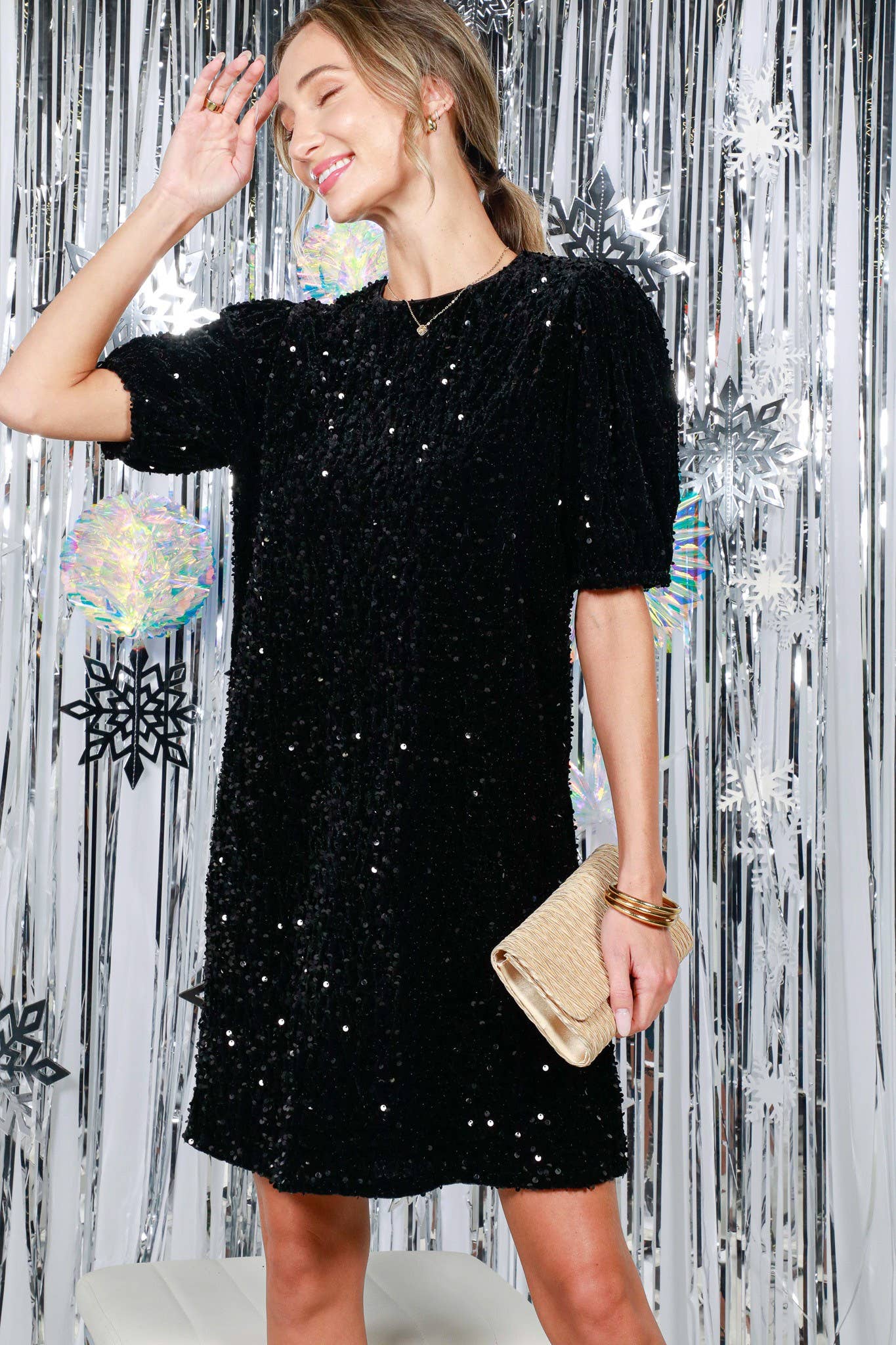 Black Velvet Sequin Accent Knee Dress