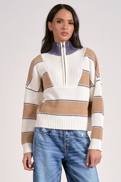 White Camel Stripe Quarter Zip Pullover Sweater