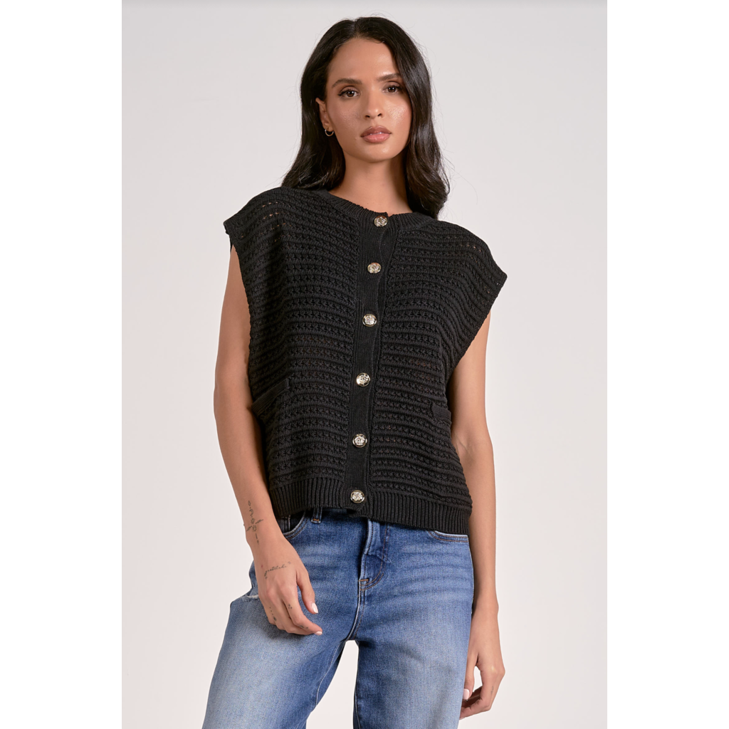 Black Gold Button Sleeveless Cardigan