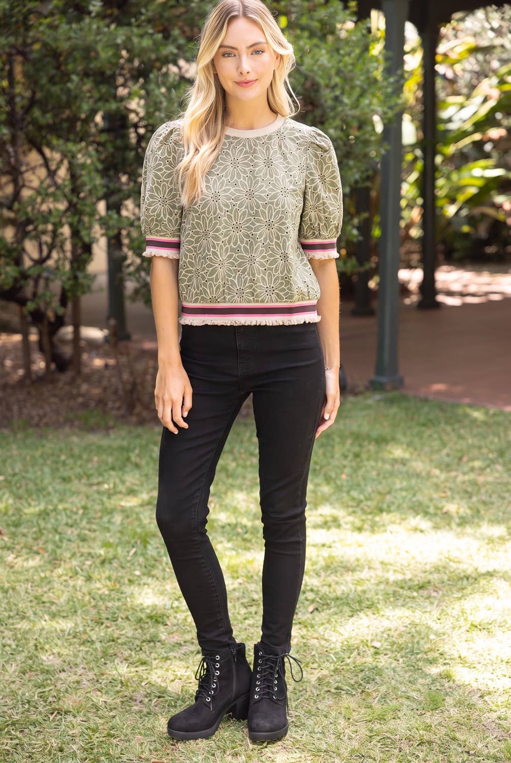 Floral Eyelet Top with Stripe Band Detail