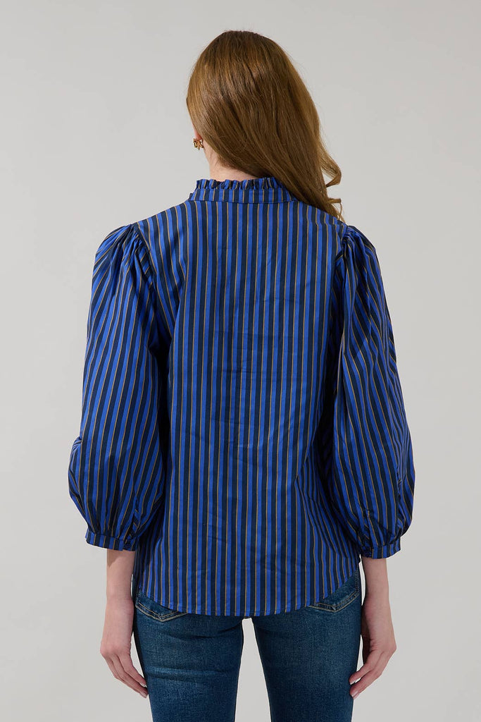 Navy Brown Striped Ruffle Button-Up Blouse