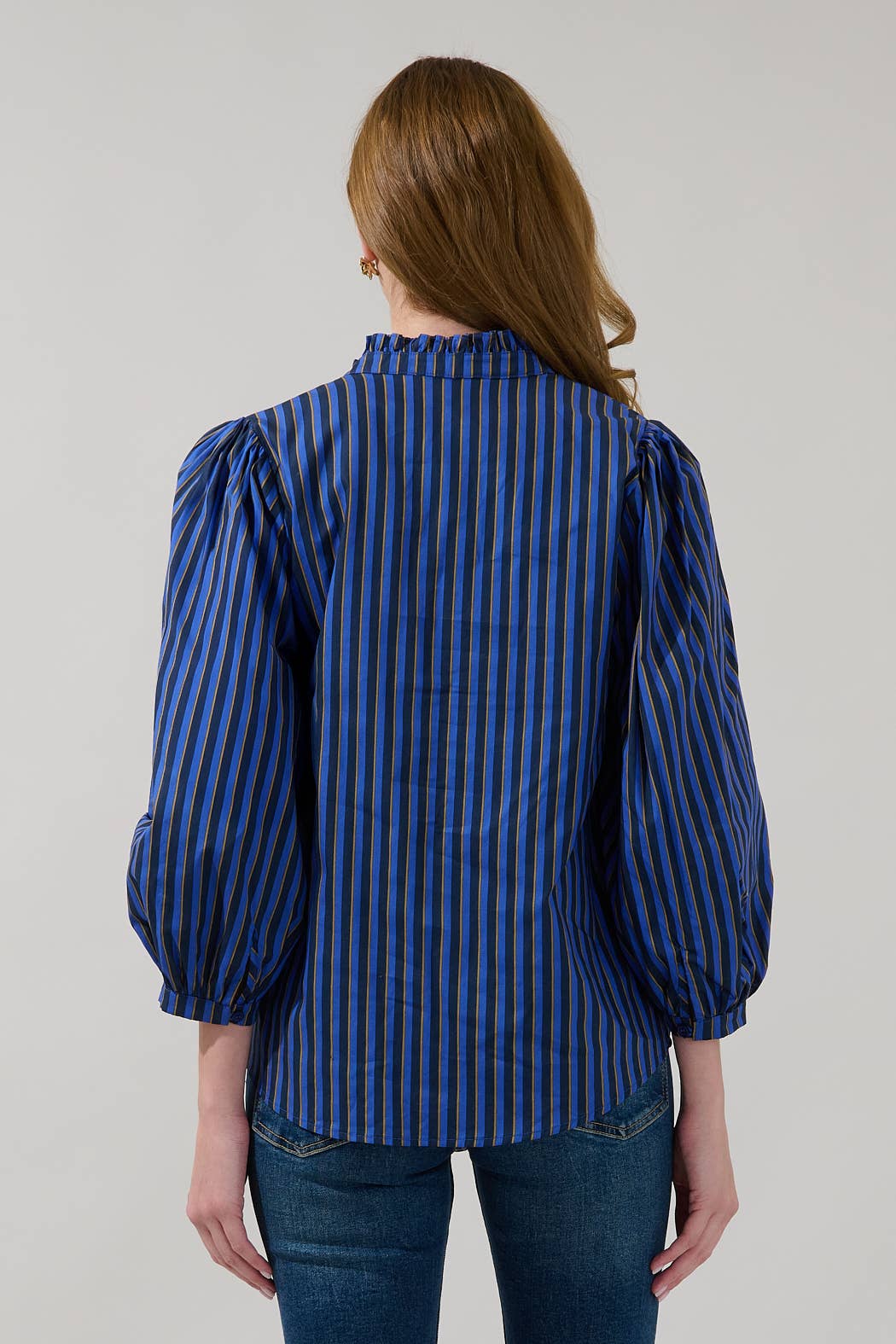 Navy Brown Striped Ruffle Button-Up Blouse