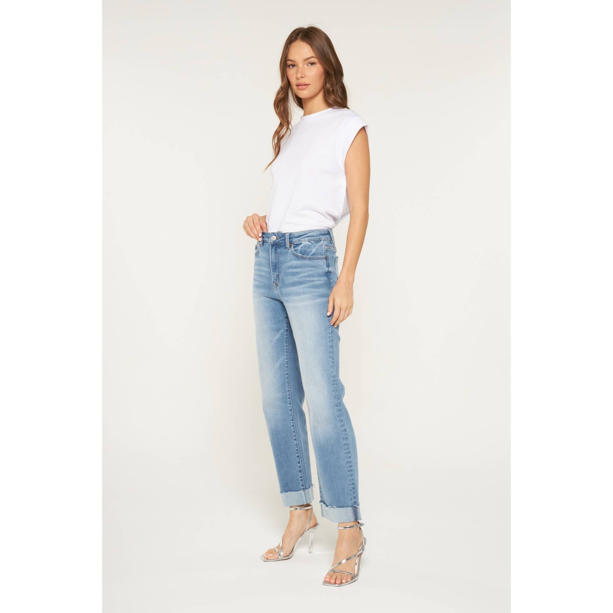 High Rise Straight Leg Jean with Cuffed Hem