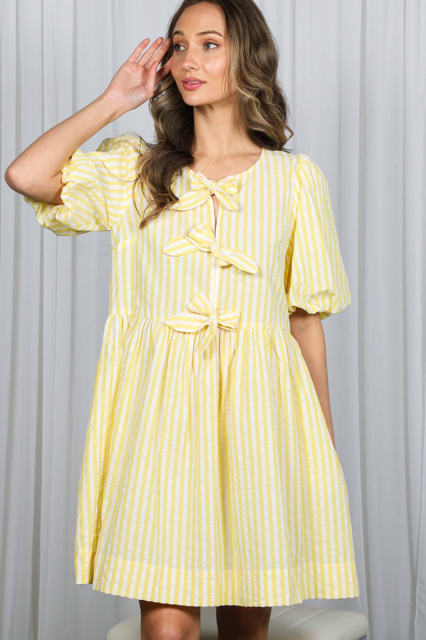 Bow Tie Front Striped Baby Doll Mini Dress VD82683