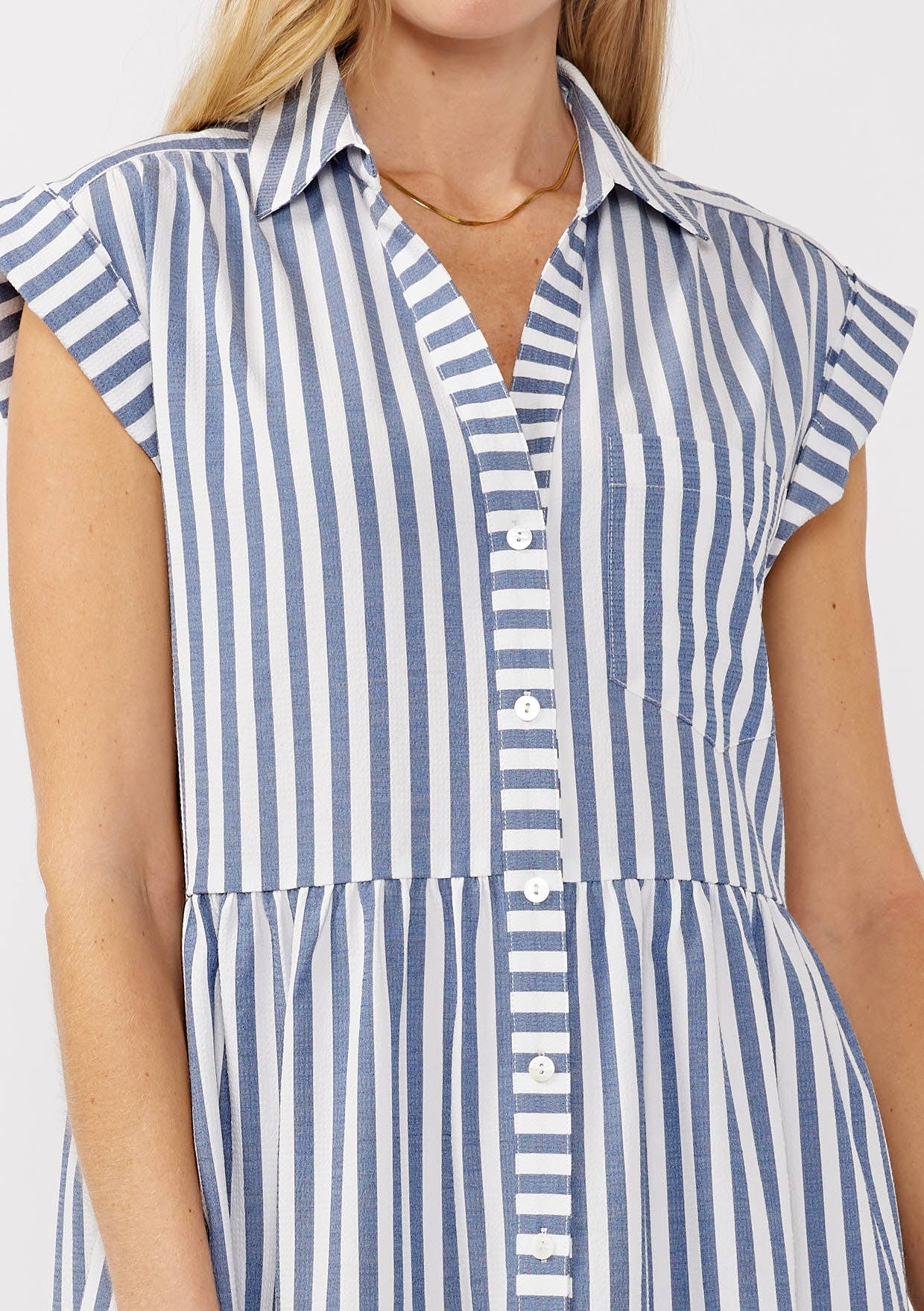 Navy Striped Collared Button Down Tiered Dress