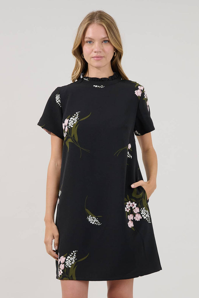 Black Floral Ruffle Neck Shift Mini Dress with Pockets