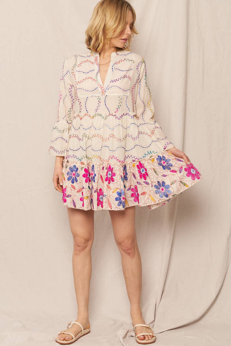 Multicolor Embroidered V-Neck Tiered Mini Dress at Maria Vincent Boutique Multicolor Embroidered V-Neck Tiered Mini Dress at Maria Vincent Boutique