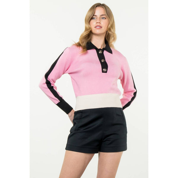 Black/Pink Collared Colorblock Sweater