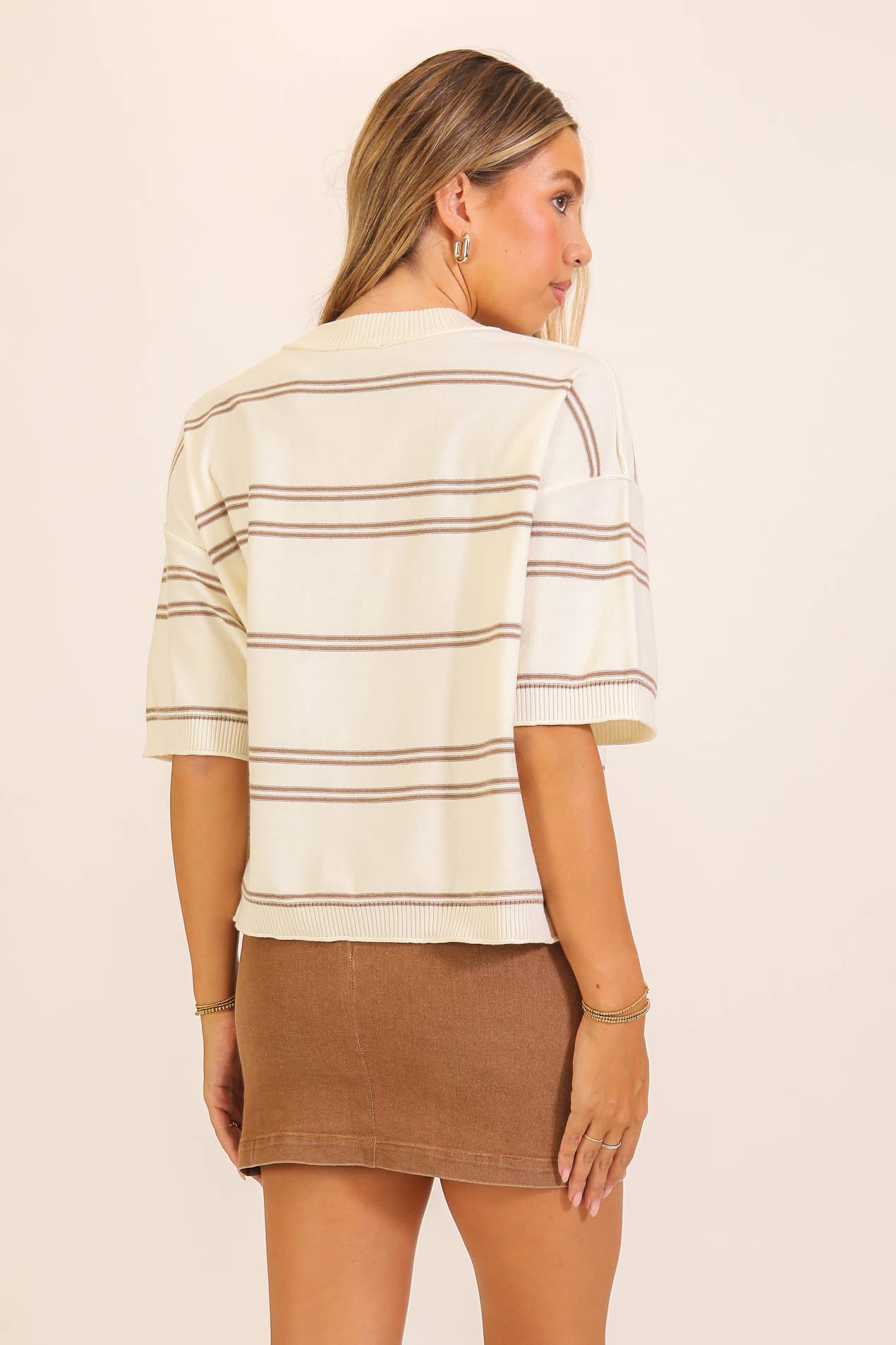 Striped Knit Short Sleeve Sweater