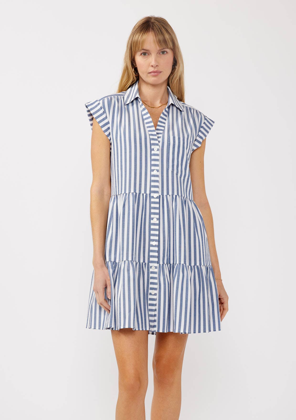 Navy Striped Collared Button Down Tiered Dress