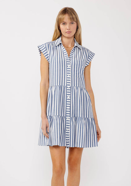 Navy Striped Collared Button Down Tiered Dress