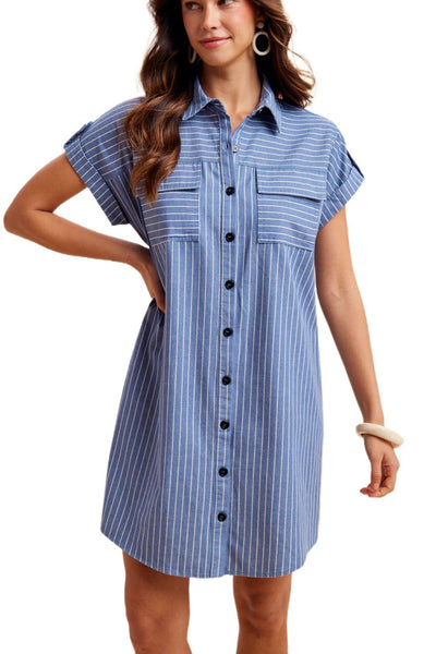 Striped Chambray Button-Down Mini Shirt Dress