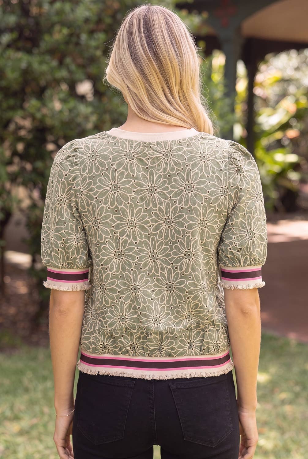 Floral Eyelet Top with Stripe Band Detail