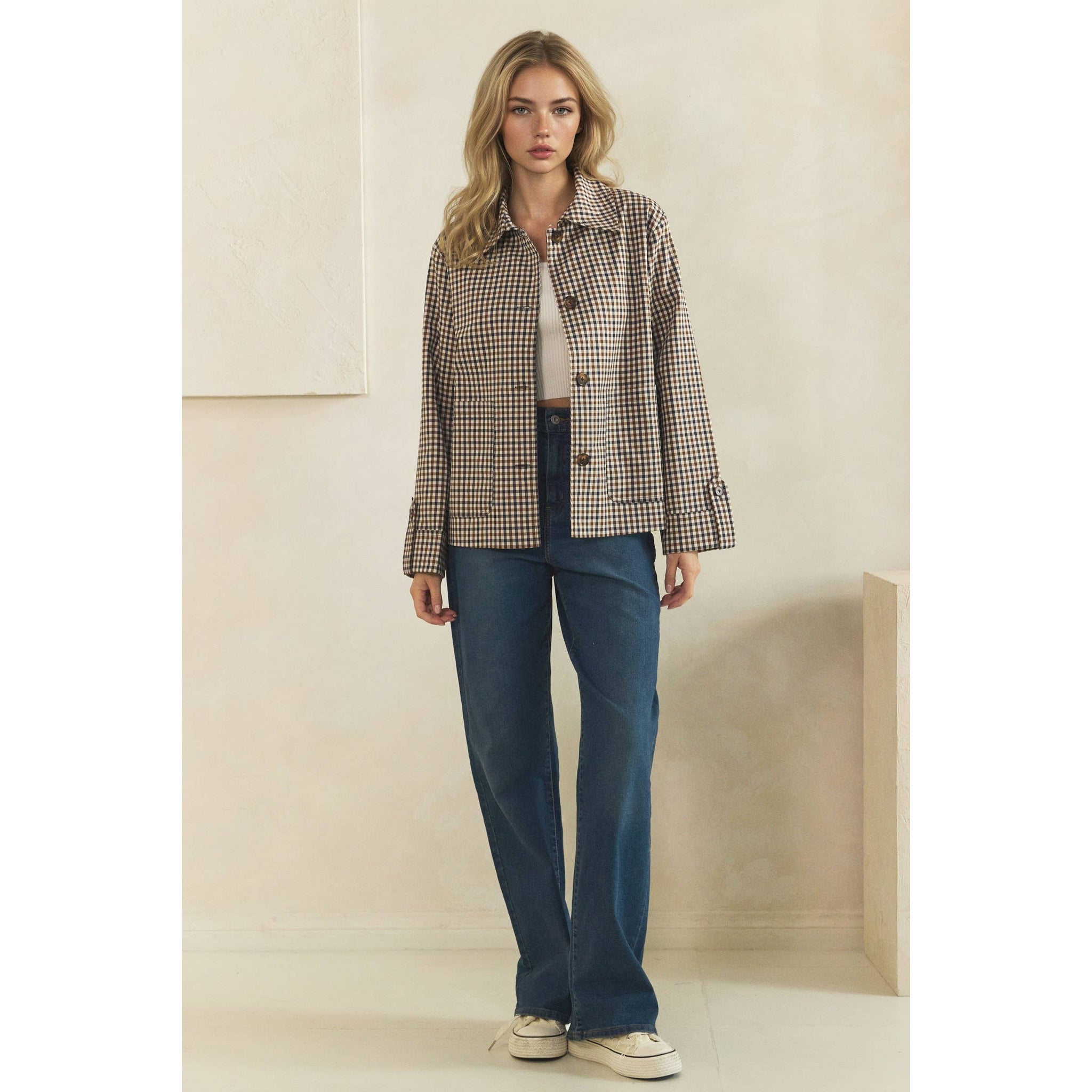 Navy Check Button-Front Jacket