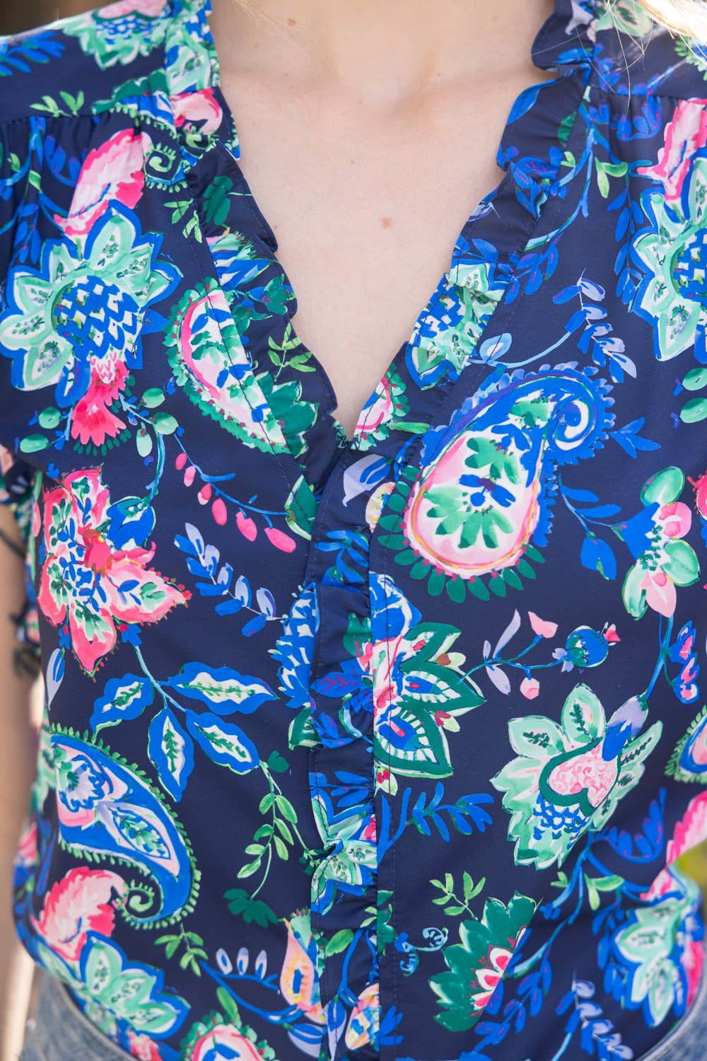 Navy Paisley Floral Pleated Cap Sleeve Top