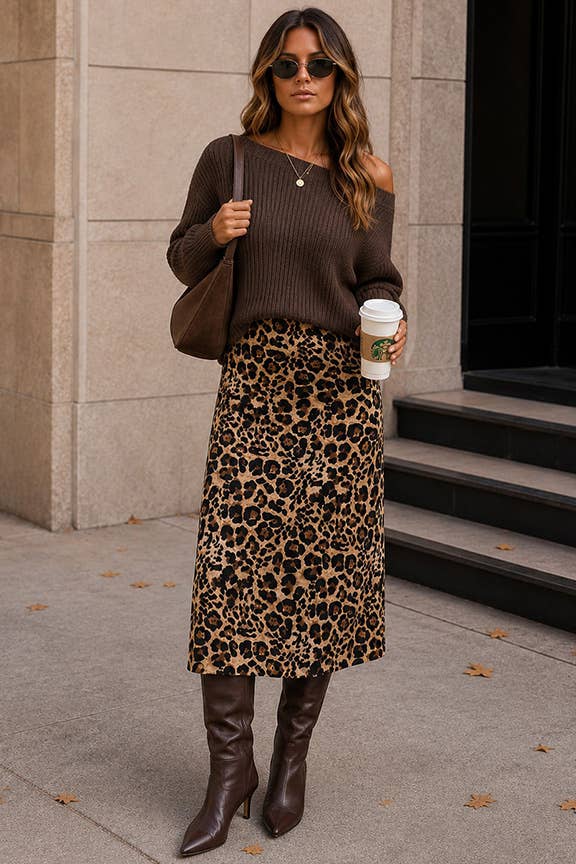 Leopard Print Satin Bias-Cut Midi Skirt