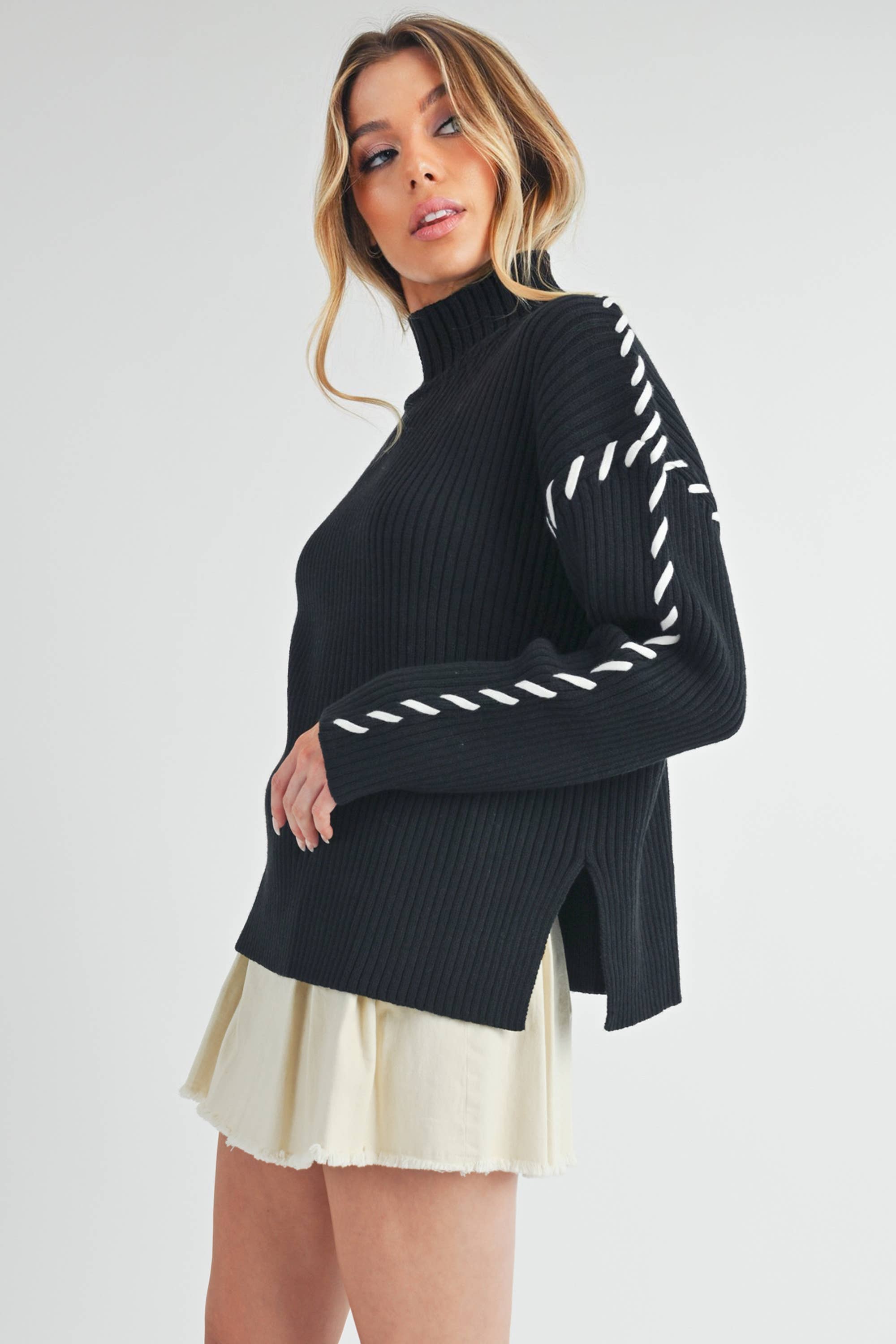 Black Mock Neck Ribbed Sweater